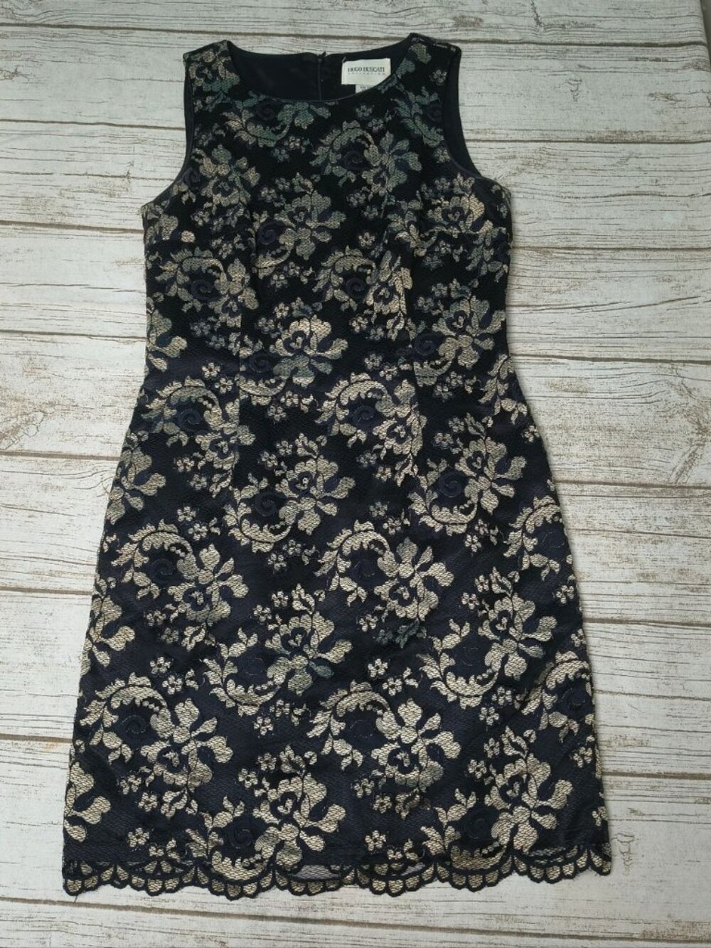 Hugo Buscati Collection Black Gold Lace Sleeveless Dress Formal Sz 8 Made in USA